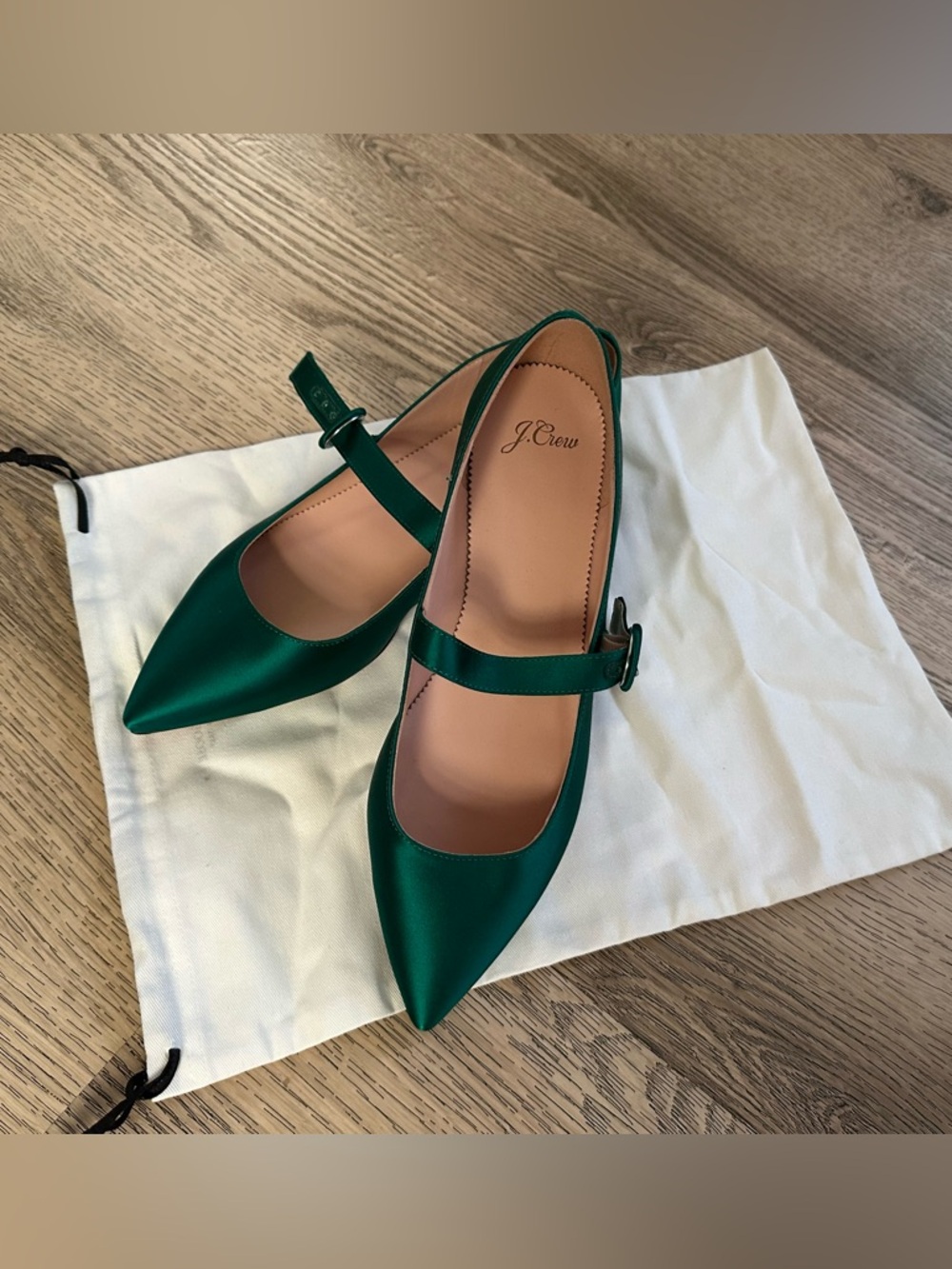 J. Crew Green Satin Pointed Mary Jane Flats